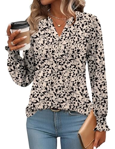 Image of Rapbin Ladies Tops Long Sleeve Autumn T Shirts V Neck Elegant Floaty Floral Printed Tunic Blouse Apricot Black Floral-L(UK 16-18)