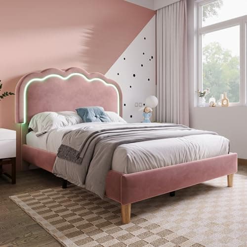Image of Merax Single bed frame, 3ft Single Upholstered Bed, Adjustable Height Puff Shaped LED Headboard, Sturdy Wooden Slat Support, Velvet Fabric (No Mattress), Pink/90CM*190CM