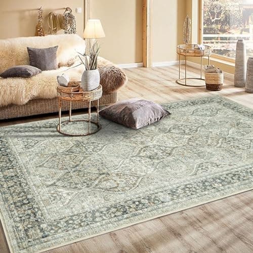 Image of Rugs Living Room Large 120x170 cm Area Rugs Vintage Rug Anti-Slip Boho Rug Machine Washable Low Pile Carpet for Bedroom Dining Room Office, Green