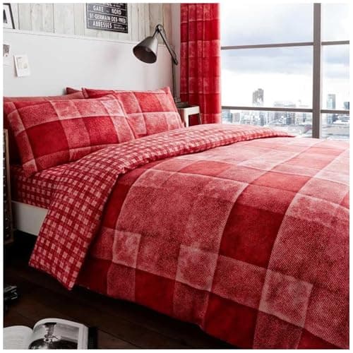 Image of GC GAVENO CAVAILIA Denim Check Duvet Cover Double Bed, Breathable Tartan Bedding Sets Soft Reversible Checkered Quilt Cover Bed Set With Pillowcases, Red