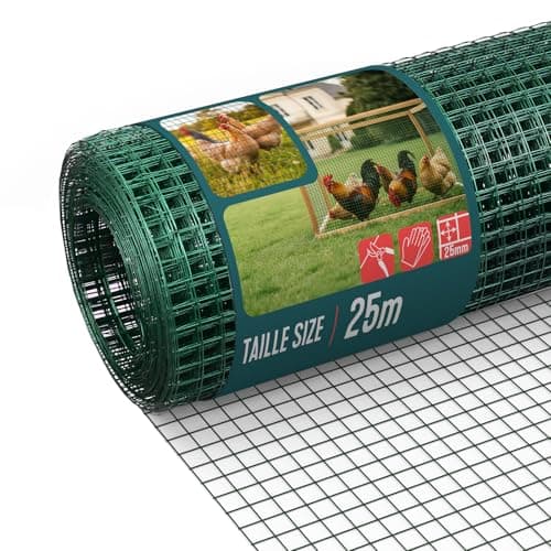 Image of VOUNOT® PVC Coated Welded Wire Mesh Roll 1 x 25m, 25mm Mesh, 1mm Wire Thickness, Metal Garden Fencing for Small Animals, Poultry, Chicken Coop, Green
