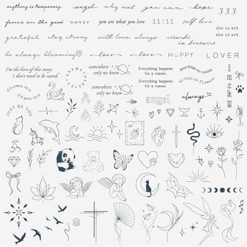 Image of 3 Sheets Temporary Tattoos for Women Semi-Permanent Lasts 2 Weeks Realistic Fake Tattoo with Fine Line Quotes Botanical Celestial Designs for Finger Hand Wrist