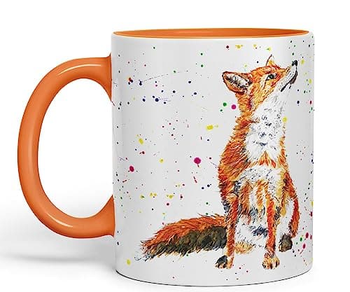 Image of Vixar Fox British Wildlife Hand Painted Design Watercolour Art Coloured Mug Cup Gift Birthday Work Office Christmas Tea Coffee (Orange)