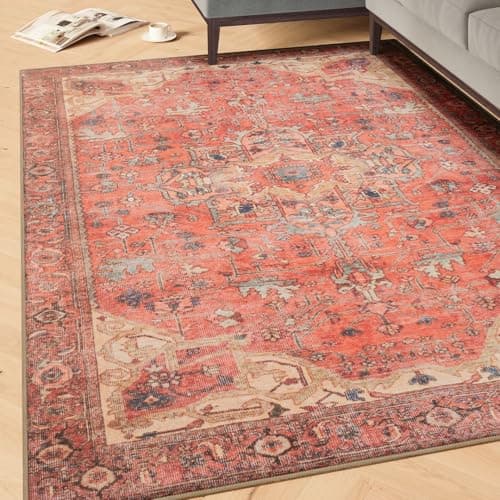Image of Machine Washable Traditional Terra Red Cotton Rugs Geometric Patterned Stain Resistant Liquid Repellent Living Area Bedroom Rug 160cm x 230cm (5ft 3" x 7ft 7")