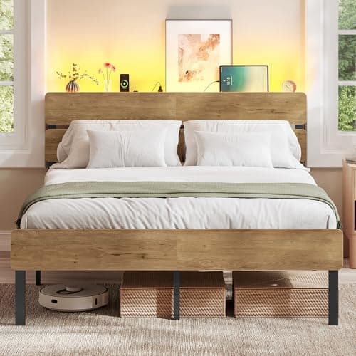 Image of VASAGLE Double Metal Bed Frame, 135 x 190 cm, LED Lights, USB and Type-C Ports, Under-Bed Storage Space, Industrial Style, Easy Assembly, Natural Brown, RMB106K01