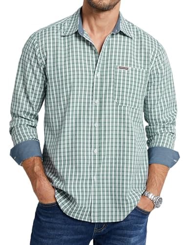 Image of Enlision Checked Shirts for Men UK Green and White Mens Check Plaid Gingham Shirts Long Sleeve Button Down Loose Fit Casual Lumberjack Chequered for Oktoberfest Party XL