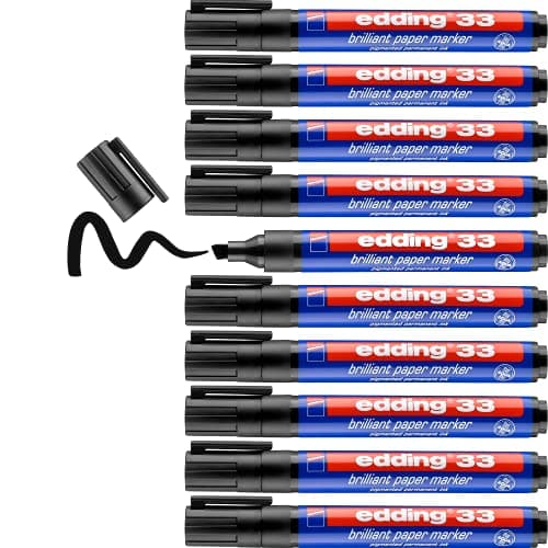 Image of edding 33 brilliant paper marker - black - 10 waterproof permanent markers - chisel nib 1-5 mm - vibrant colours - lightfast marking on paper, card, cardboard, plastic, metal and glass, 4-33001