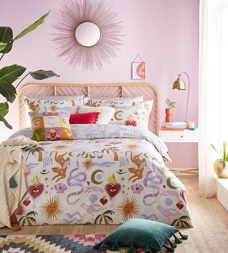 Image of furn Alchemy Duvet Cover Set – Abstract Symbol Print with Floral Reverse, Reversible Polycotton Bedding (Multicolour – Double)