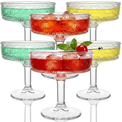 Image of Pumtus Set of 6 Vintage Coupe Glasses, 200ml / 7 OZ Embossed Martini Glass, Floral Fluted Cocktail Glasses, Unique Clear Margarita Cup, Romantic Drinking Glassware for Cocktail Wine Champagne