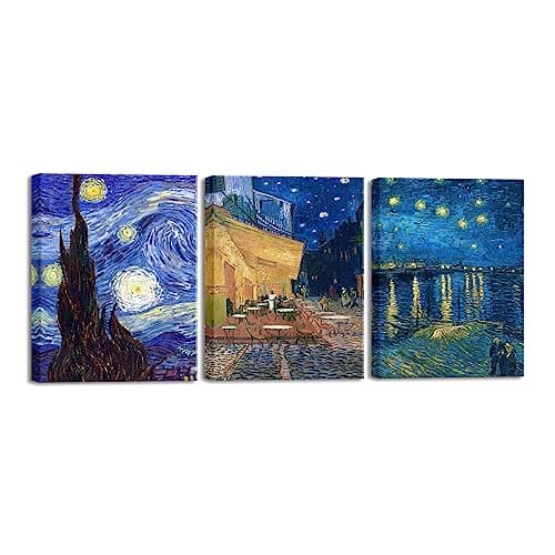 Image of Wieco Art 3 Panels Canvas Prints of Vincent Van Gogh Paintings Reproduction Starry Night Over The Rhone Cafe Terrace at Night Canvas Wall Art for Living Room Home Office Decor