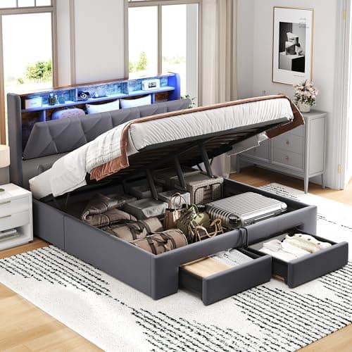 Image of Besbed Double Bed Frame with Storage Drawers, 4ft6 Upholstered Ottoman Bed with Charging-Station & LED-Lighting, Soft Velvet Bed with Concealed Headboard Storage, No Mattress (Grey, 135 x 190 cm)