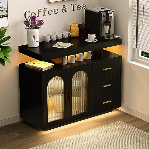 Image of FREDEES Sideboard Buffet Cabinet with Charging Station, Coffee Bar Table with RGB LED Light, Auto-Sensor Design, Bar Cabinet with Storage with 3 Drawers, Black