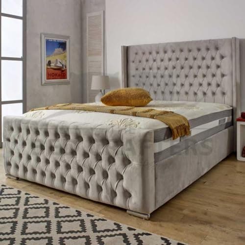Image of BED CRAFTERS Double Bed Frame with Wing Plush Double Bed 48” Headboard with Mattress Included Ottoman Gaslift Storage Sizes (Mustard (with Mattress), Fabric Swatch)