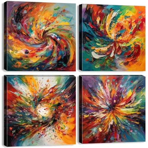 Image of 4Pcs Colorful Abstract Wall Art Rainbow Splash Canvas Artwork for Living Room Abstract Flower Picture Canvas Prints Modern Minimalist Aesthetic Artwork for Bedroom Office Home Decorations 12x12"