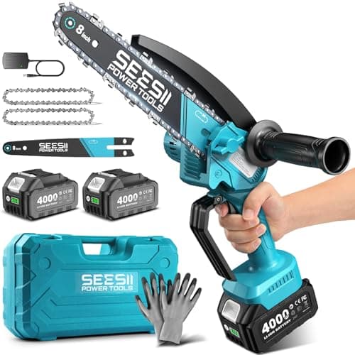 Image of SEESII 8 Inch Mini Cordless Chainsaw with High Capacity 4000mAh x2 Batteries, 900W Powerful Electric Chain Saws with Oiler System, Handheld Battery Powered Saw for Tree Trimming Pruning