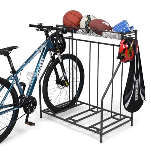 Image of Sunix Bike Stand Rack, 3 Bicycle Floor Parking Stand, Bike Rack Garage Organizer with Storage Basket & Hooks,3 Widths Adjustable Bike Slot for Mountain, Hybrid, Indoor Outdoor Bike Storage Station