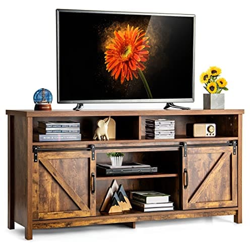 Image of COSTWAY TV Stand for TVs up to 65 Inch, Farmhouse TV Cabinet Media Entertainment Center with Sliding Barn Doors and Adjustable Shelf, 150cm TV Unit Console Table for Living Room Bedroom (Rustic Brown)