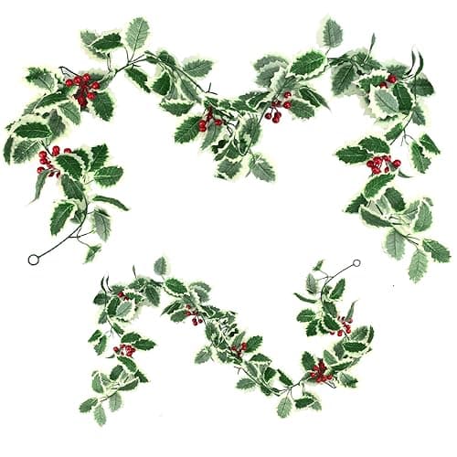 Image of OKUYAN 2PCS Christmas Garland Artificial Holly Leaves And Berries Garland Xmas Berry Garland Red Berries Hanging Vine with Holly Leaves Winter Garland for Home Party Indoor Outdoor Decor(5.58ft/pc)