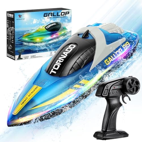 Image of HOTUT RC Boat with LED Lights, 15 KmPh 2.4GHz Remote Control Boats for Pools and Lake, Capsize Recovery, 2 Rechargeable Batteries, Speed Boat Toy for Boys & Girls