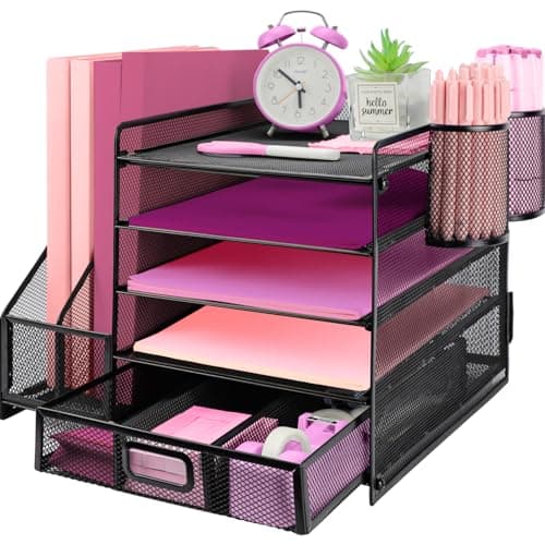 Image of ideallife Desk Organiser with 2 Pack Magazine File Holder, 5-Tier Paper Tray Organiser with Drawer and 2 Pen Holder, Letter Tray Multifunctional for Office, School, Home - Black