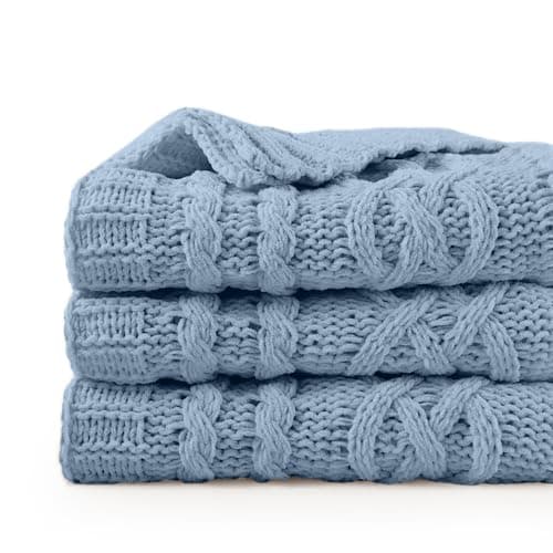 Image of Battilo Bluish Grey Throw Blanket for Couch, Woven Chenille Blue Grey Throws for Sofa, Cable Knit Throw Blanket, Soft Warm Cozy Blue Grey Bed Blankets, 130x170cm