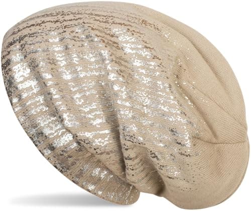 Image of styleBREAKER Warm fine-Knit Beanie with Metallic Print and Fleece Lining, Slouch Long Beanie, Unisex 04024132, Colour:Beige/Silver