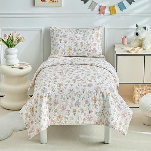 Image of JHCHMX Toddler Duvet Cover and Pillowcase Set,Pink Floral Toddler Cot Bed Duvet Cover Set, Reversible Kid Bedding Set For Girls-120 X 150 CM