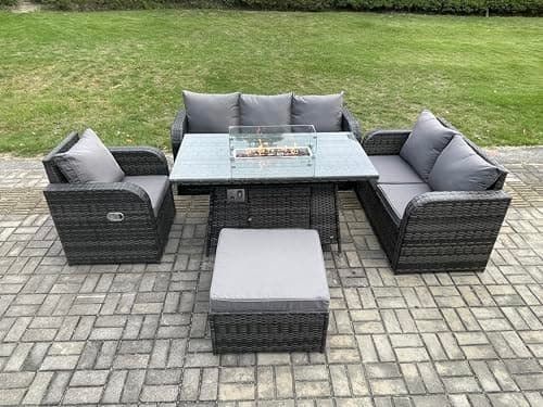 Image of FMSGarden Rattan Garden Furniture Set with Fire Pit Table 7 Seater Outdoor Lounge Sofa Set for Balcony,Terrace Dark Grey Mixed