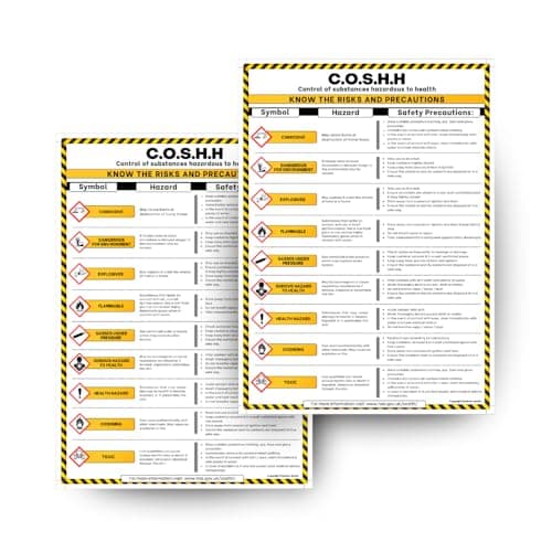 Image of COSHH Poster – Pack Of 2 - A4 Laminated Sign - Health & Safety at Work Wall Chart – Hazard Symbols – Workplace Safety Sign – HSE Compliance Training Aid for UK Businesses