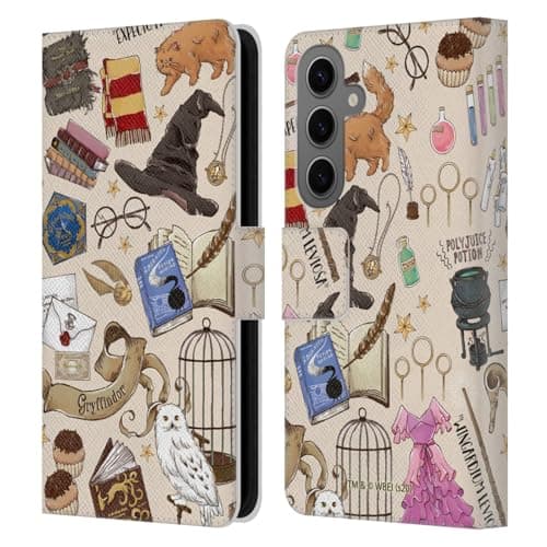Image of Head Case Designs Officially Licensed Harry Potter Hogwarts Pattern Deathly Hallows XXXVII Leather Wallet Case Compatible With Samsung Galaxy S25