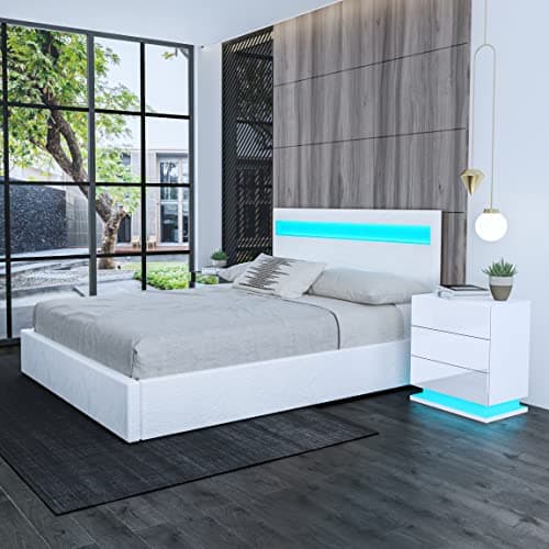 Image of Chebinsiti Ottoman Bed, Small Double Upholstered Bed Frame 4ft Ottoman Storage Bed Gas Lift with LED Lights Faux Leather Bed Bedroom Furniture, White