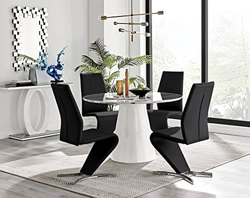 Image of Furniturebox UK Palma White Marble Effect Round Pedestal Dining Table and 4 Black Faux Leather 'Z' Shaped Willow Dining Chairs