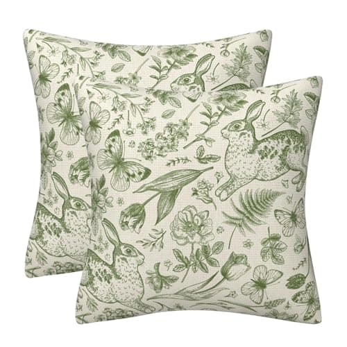 Image of DILOXNSU Cushion Covers 45 x 45 cm Sage Green Set of 2 Rabbit Bunny Garden Floral Butterfly Plants Double Sided Print Cushions Cases 18x18 Inch Decorative Pillow Cover for Sofa Outdoor Couch Decor
