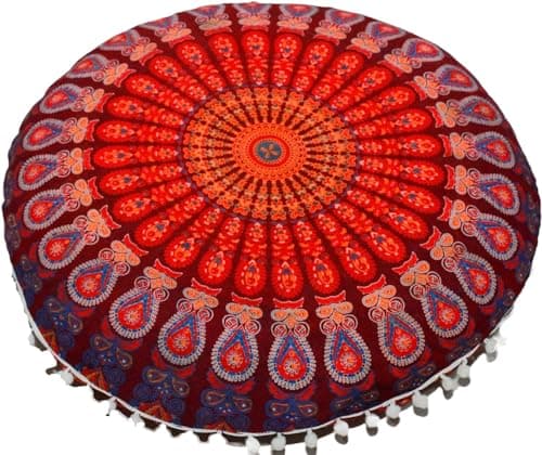 Image of 32" Mandala Large Floor Pillow Cover Meditation Cushion Seating Throw Hippie Round Colourful Decorative Bohemian Accent Boho Chic dog bed Indian Pouf Ottoman Handmade COVER ONLY (Peacock-Orange)