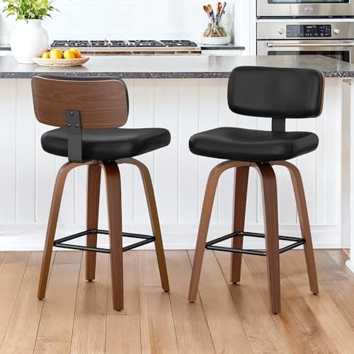 Image of LUE BONA Bar Stools Set of 2, Thick Padded Barstools PU Leather, Wooden Kitchen Chair with Backrest and Footrest, 360°Swivel Breakfast Barstools, Bar Chairs for Dining Room, Island, Counter, Black