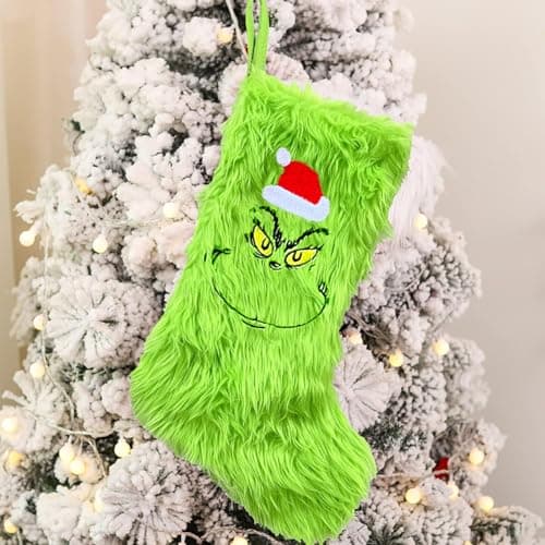 Image of Nikolaus 20'' Grinch Christmas Stockings, Large Xmas Stockings Faux Fur Fabric Family Pack Stockings for Xmas Tree Decorations