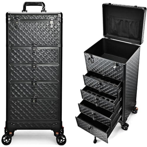 Image of Stagiant Makeup Trolley Vanity Case Large Makeup Case Lockable Make Up Box Organiser with 4 Drawers Hairdressing Trolley on Wheels Beauty Nail Technician Cases Black