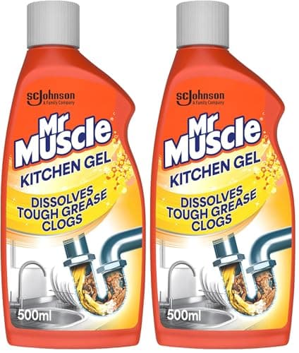 Image of Mr Muscle Kitchen Drain Unblocker Liquid (500ml), Sink & Drain Cleaner, Strong & Fast Acting Heavy Duty Gel, Dissolves Clogs, Works 3x Better Than Bleach, Safe for All Pipes (Pack of 2)