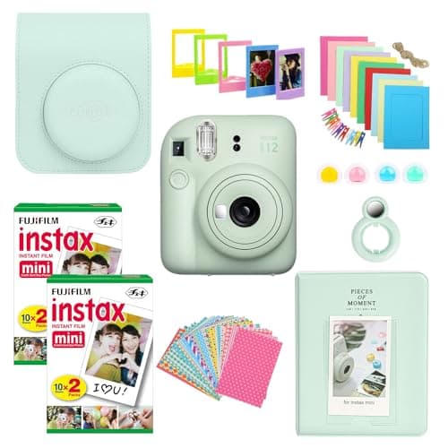 Image of Fujifilm Instant Camera Bundle with Mini 12 Mint Green Camera, 40 Shot Film, Case, Album, Stickers, Filters and Accessories