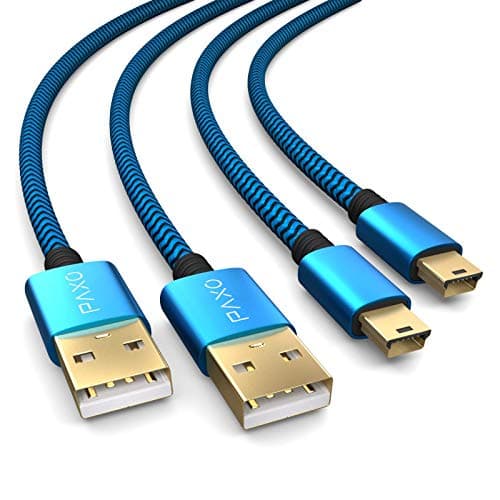 Image of PAXO 2 x 4m charging cable for PS3 controller, USB to mini USB cable long, braided cable (braided), gold-plated, blue/black