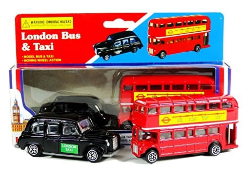 Image of Diecast Genuine London Bus and London Taxi Set (Mini) Souvenir - Moving Wheel Action - Sightseeing - Hop On Hop Off - Toy - 5 Passenger Cab - Hackney Cab - London Souvenir