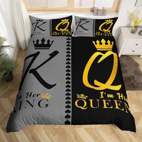Image of Manfei King and Queen Duvet Cover Set Double Size, Black Gold Crown Bedding Set for Lover and Couple Room Decor, Grey and Black Comforter Cover, Soft Polyester Quilt Cover, 2 Pillowcases, No Comforter