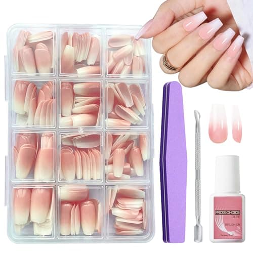 Image of 240Pcs False Nails Kit - Natural Gradient Pink Fake Nails with Glue - Acrylic Coffin Press on Nails White Pink Gradient Tips - 12 Sizes Glossy Full Cover Stick on Nail for Women