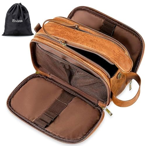 Image of Elviros Water-Resistant PU Leather Toiletry Bag for Men Large Travel Wash Bag Shaving Dopp Kit Bathroom Gym Toiletries Makeup Organizer with Wet Dry Bag,Gift for Men (Brown-Small)