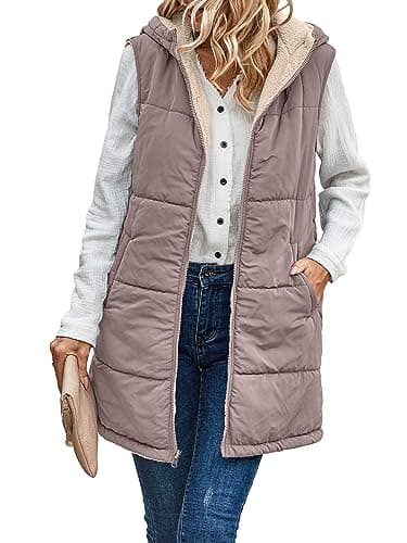 Image of Famulily Women's Long Padded Gilet Quilted Longline Fluffy Outdoor Vest Sleeveless Zip Up Reversible Hooded Coat Pink M