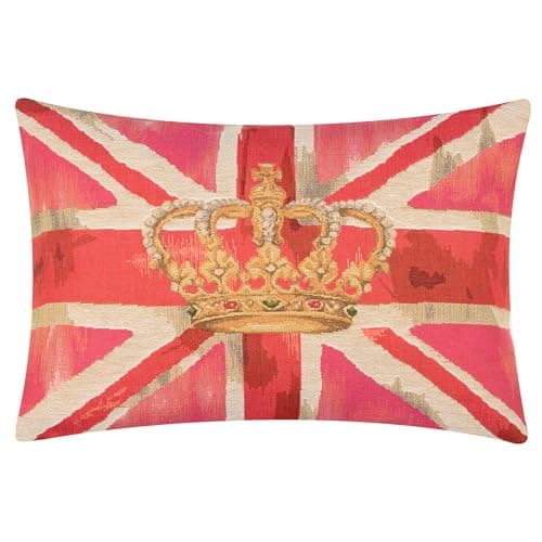 Image of furn. Evans Lichfield Union Jack Crown Polyester Filled Cushion – British Heritage Flag Textured Tapestry Decorative Pillow (Pink – 46x32cm)