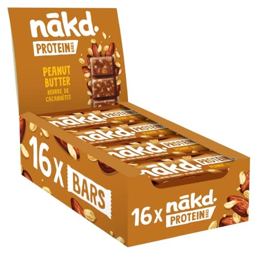 Image of nakd. Protein bars Peanut Butter - 7g plant-based protein - 100% Natural ingredients - No added sugar - Vegan - 16 x 45g bars - 720g