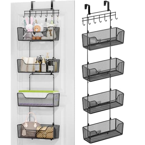 Image of HapiRm Over The Door Organizer - Hanging Door Organizer with 4 Metal Large Capacity Baskets and Adjustable Coat Hook, Behind Door Storage for Bathroom Bedroom Kitchen Pantry Closet Cabinet
