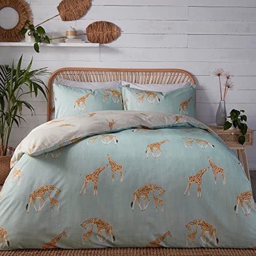 Image of Fusion Giraffe Duvet Cover – Single Size 140 x 200cm – Duck Egg Blue & Grey – Reversible Zoo Animal Bedding – Popper Closure – 1 Pillowcase – Gifts for Giraffe Lovers