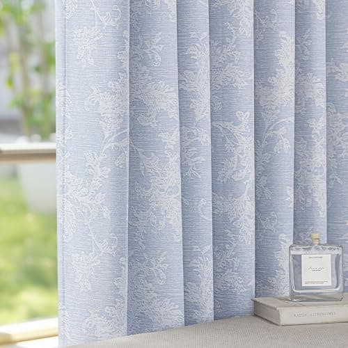 Image of Fmfunctex Blue Floral Jacquard Blackout Curtains for Bedroom 72 inch Scroll Flower Curtains for Living Room Thermal Insulated Chenille Eyelet Curtain Room Darkening Window Curtain Drapes 2 Panels